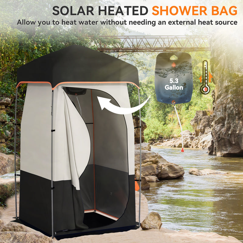 Outsunny - Camping Shower Tent, Portable Privacy Shelter with Solar Shower Bag, Removable Floor and Carrying Bag, Black