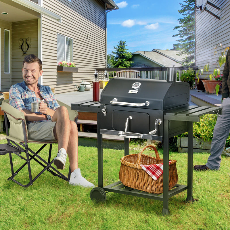 Outsunny - Charcoal BBQ Grill Smoker with Adjustable Charcoal Pan and Galvanised Steel Shell, Barbecue Grill Trolley with Storage