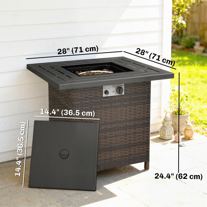 Outsunny - Propane Fire Pit Table, 28 Inch 40,000 BTU Square Rattan Fire Table with Lava Rock, Pulse-Ignition Wicker Gas Fire Pit