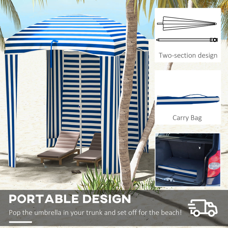 Outsunny - 70.1" L x 70.1" W Cabana Umbrella with Walls, Vents, Ruffles, Carry Bag, Beach Umbrella, Blue White Stripe — 84D-307V00BU