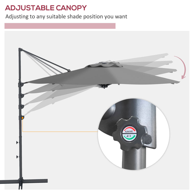 Outsunny - 10 FT Cantilever Umbrella, Aluminum Hanging Offset Umbrella with 360° Rotation, Crank, Tilt, Cross Base, Grey — 84D-321V00CG