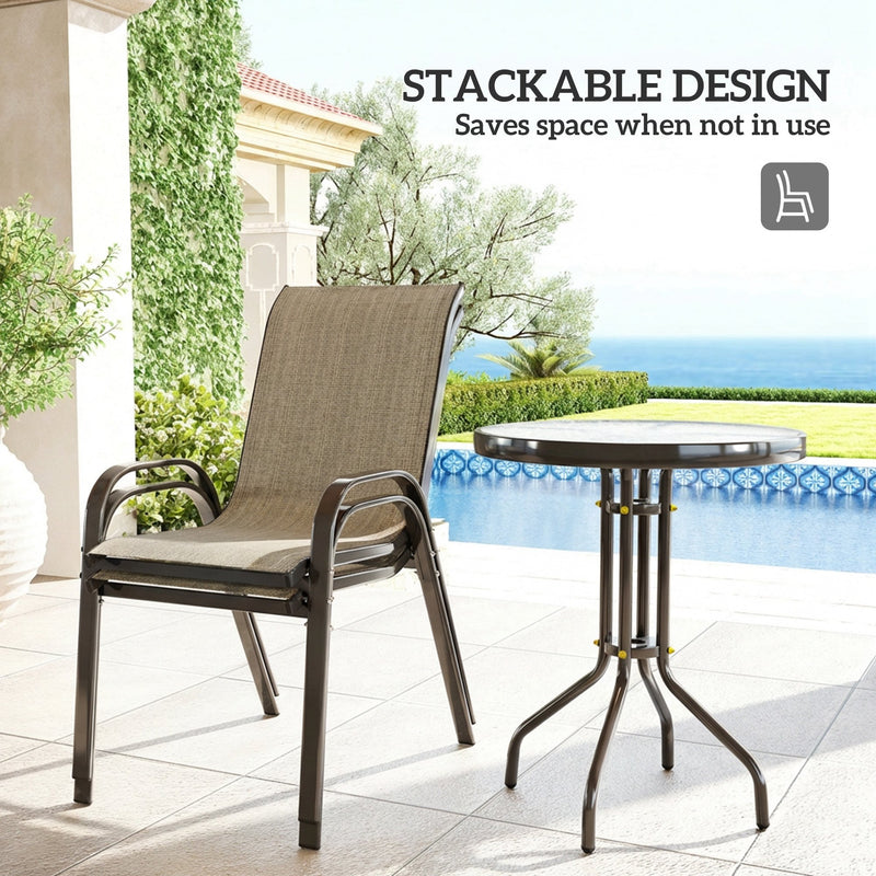 Outsunny - 3 Pieces Bistro Set, Small Patio Furniture Set with Stackable Mesh Chairs, Glass Table for Garden, Light Mixed Brown