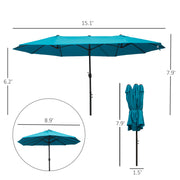 15ft Double-sided Patio Umbrella with Twin Canopy, Extra Large Outdoor Parasol with Crank for Pool, Deck, Market, Sky Blue