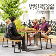 Outsunny - Picnic Table and Bench Set for 6 Persons with 2" Umbrella Hole, Slatted Top & Steel Frame, for Party, BBQ, Patio, Lawn