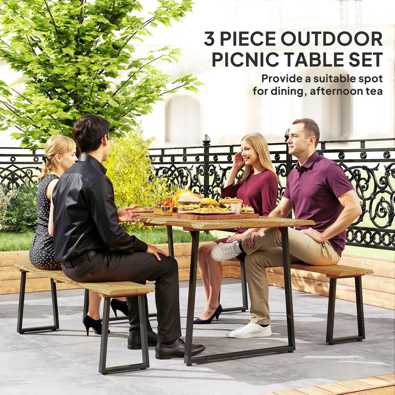 Outsunny - Picnic Table and Bench Set for 6 Persons with 2" Umbrella Hole, Slatted Top & Steel Frame, for Party, BBQ, Patio, Lawn