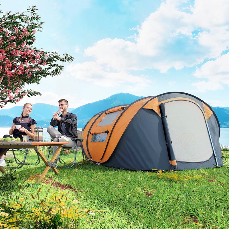 Outsunny - 4 Person Camping Tent, Easy Pop Up Tent with Doors, Windows and Carry Bag, Automatic Setup Tent for Hiking, Orange