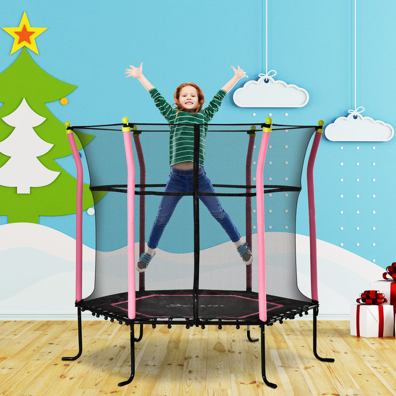 Soozier 63" Kids Trampoline Mini Indoor Bouncer Jumper with Enclosure Net Elastic Thick Padded Pole Gift for 3-6 Years, Pink