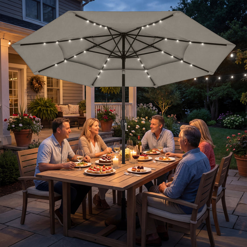 Outsunny - 9.3 ft Patio Umbrella with Solar LED Lights, Cover, 3 Tier Outdoor Market Table Parasol with Tilt, Crank, Grey — 84D-500V00GY