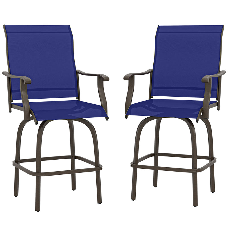 Outsunny - Outdoor Bar Stools Set of 2, Swivel Bar Height Chairs with High Back, Curved Armrests and Steel Frame, Navy Blue