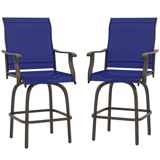 Outsunny - Outdoor Bar Stools Set of 2, Swivel Bar Height Chairs with High Back, Curved Armrests and Steel Frame, Navy Blue