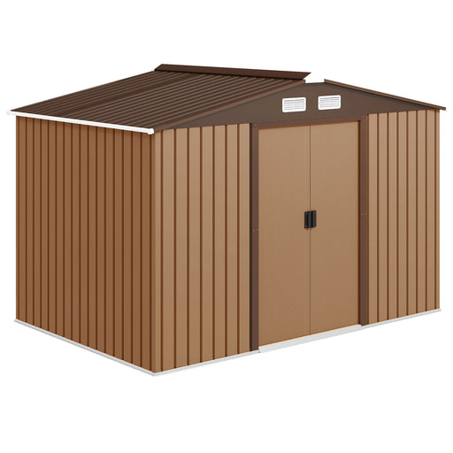 9.1 x 6.4 x 6.3 ft Garden Metal Storage Shed with Floor Foundation, Durable Outdoor Tool Storage House with Double Doors, Weather-Resistant, Dark Grey Yellow