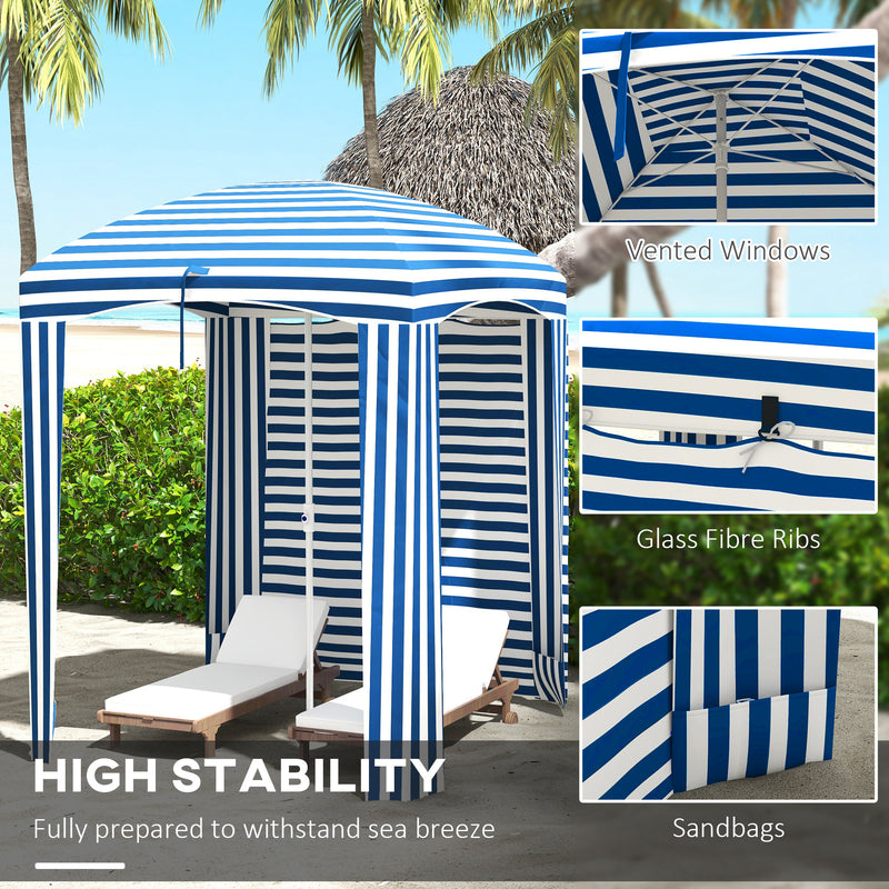 Outsunny - 70.1" L x 70.1" W Cabana Umbrella with Walls, Vents, Ruffles, Carry Bag, Beach Umbrella, Blue White Stripe — 84D-307V00BU