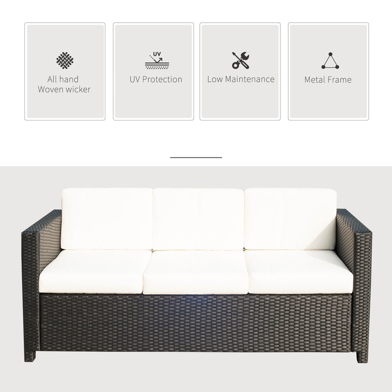 Outsunny - Deluxe 3 Seat Rattan Wicker Sofa Garden Outdoor Patio Furniture with Cushion, Cream White