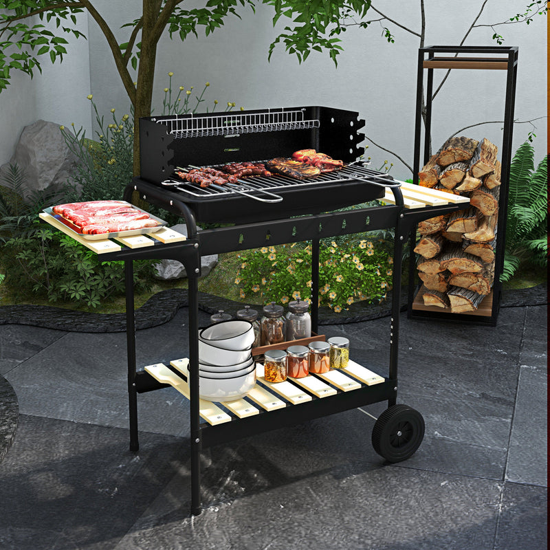 Outsunny - Charcoal Barbecue Grill with Adjustable Grill Height, Portable BBQ Trolley with Ash Catcher and Wheels, Black
