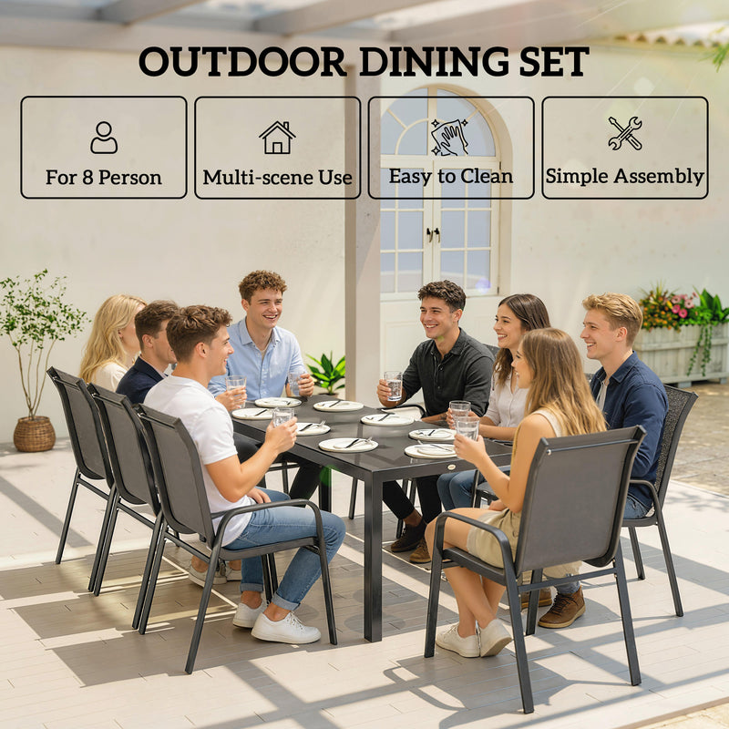 Outsunny - Outdoor Dining Sets for 8 with Stackable Chairs, Patio Dining Set with Glass Top Table for Garden, Patio, Backyard, Dark Grey