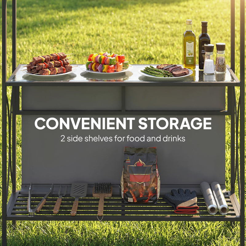 Outsunny - 8' x 5' Grill Gazebo Canopy, Outdoor BBQ Shelter with 2 Side Shelves, Dark Grey
