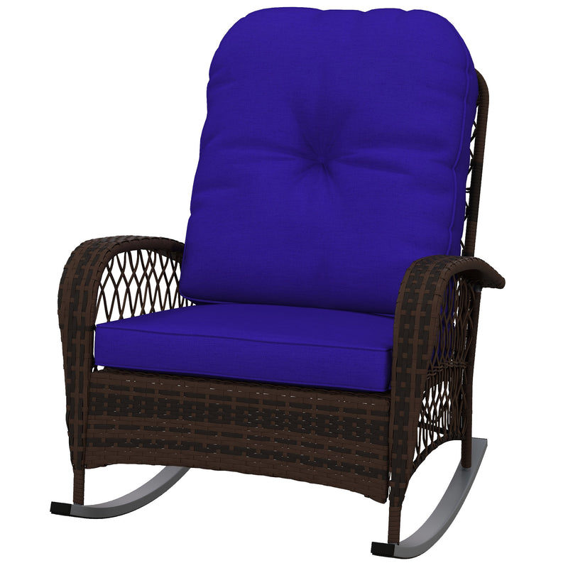 Outsunny - Outdoor Wicker Rattan Rocking Chair Patio Rocker with Thick Cushions for Garden Backyard Porch, Dark Blue