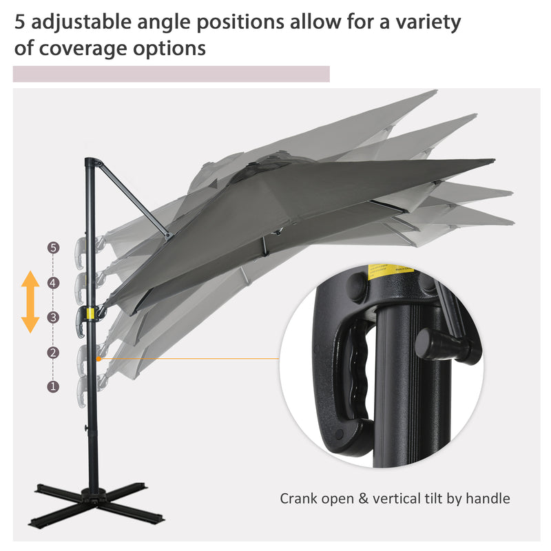 Outsunny - 8' x 8' Square Patio Hanging Offset Umbrella with 360° Rotation, Aluminum Outdoor Cantilever Parasol with Crank & Tilt, Sun Canopy Shelter with Cross Base, Grey — 84D-051V00GY