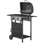 Outsunny - 2-Burner Propane Gas Grill, 18000 BTU BBQ Grill with Wheels, Warming Rack, Shelf, Thermometer, Grease Cup, Black