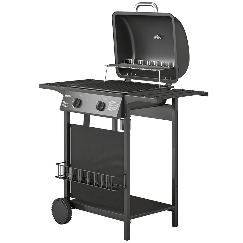 Outsunny - 2-Burner Propane Gas Grill, 18000 BTU BBQ Grill with Wheels, Warming Rack, Shelf, Thermometer, Grease Cup, Black