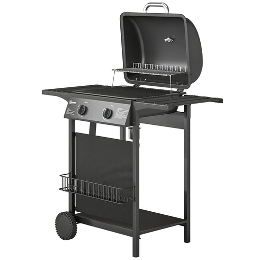 Outsunny - 2-Burner Propane Gas Grill, 18000 BTU BBQ Grill with Wheels, Warming Rack, Shelf, Thermometer, Grease Cup, Black