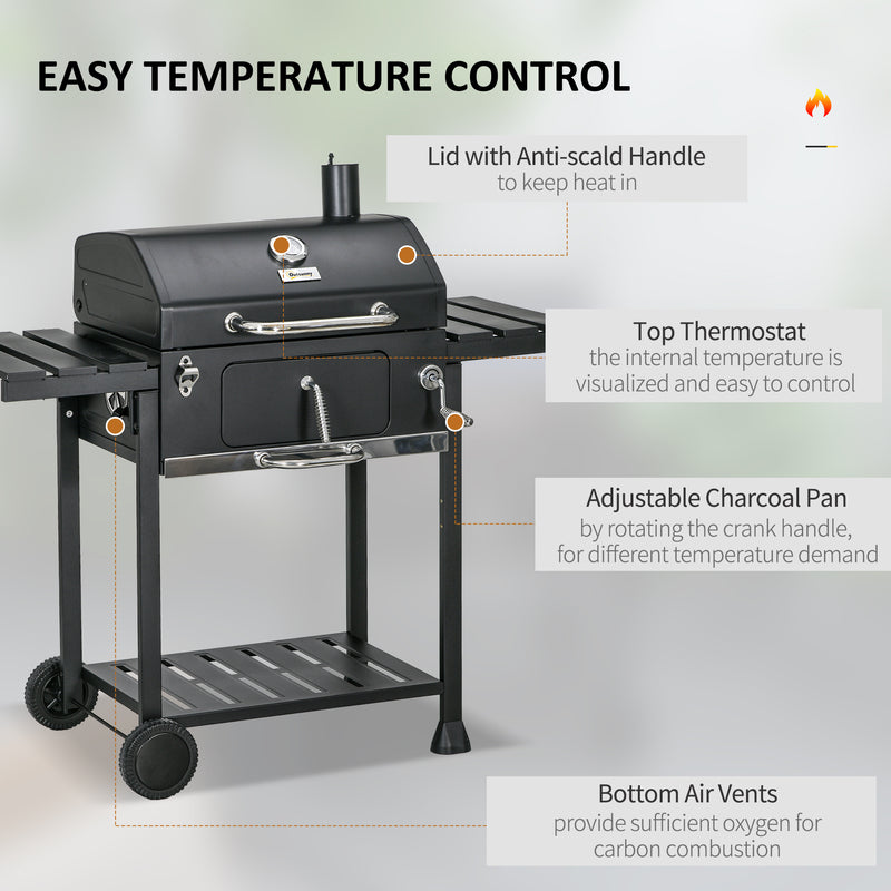 Outsunny - Charcoal BBQ Grill Smoker with Adjustable Charcoal Pan and Galvanised Steel Shell, Barbecue Grill Trolley with Storage