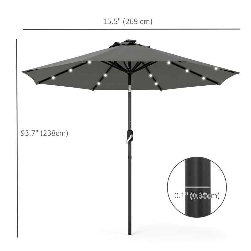 8.8 ft Solar Powered Outdoor Patio Umbrella Round Market Table Umbrella with Adjustable LED Lights Tilt Crank Dark Grey