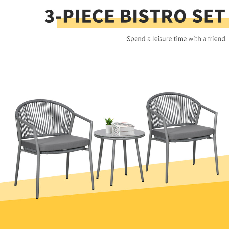 Outsunny - 3-Piece Rattan Bistro Set, Garden Seating Group with 2 Armchairs and Coffee Table, Balcony Furniture Set, Grey
