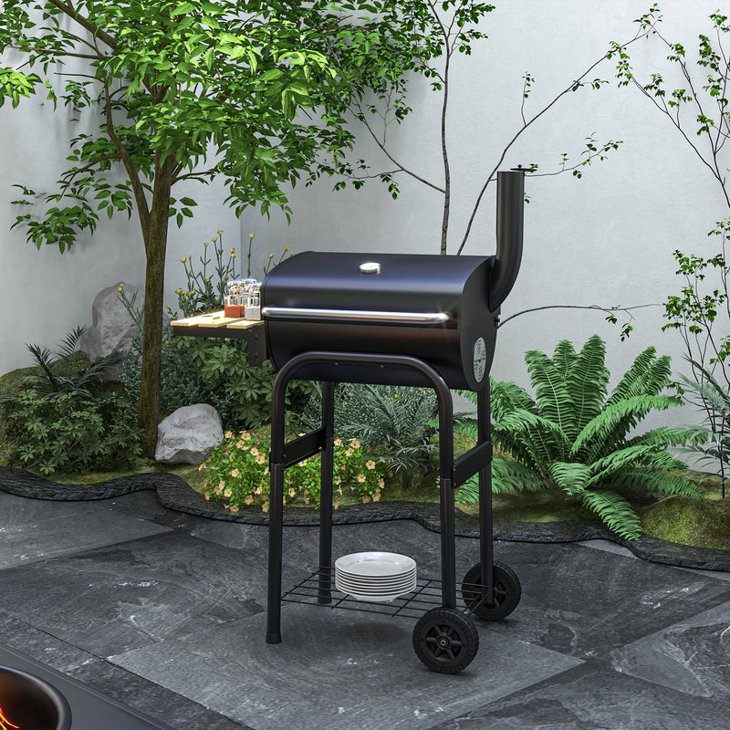 Outsunny - Charcoal Barbecue Grill, BBQ with Thermometer, Shelves and Wheels, Black