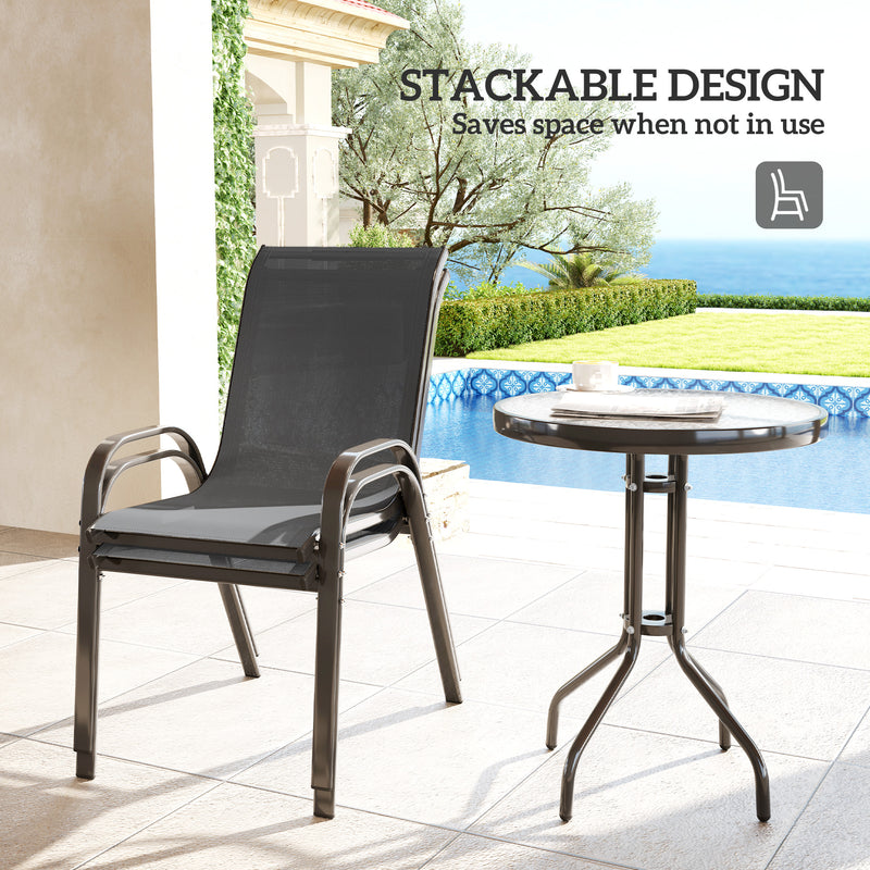 Outsunny - 3 Pieces Bistro Set, Small Patio Furniture Set with Stackable Mesh Chairs, Glass Table for Garden, Balcony, Dark Grey