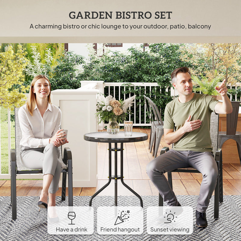 Outsunny - 3 Pieces Bistro Set, Small Patio Furniture Set with Stackable Mesh Chairs, Glass Table for Garden, Balcony, Grey