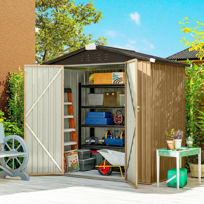 6.5' x 4' Outdoor Storage Shed, Metal Garden Shed with Lockable Double Doors, 4 Vents, Yellow