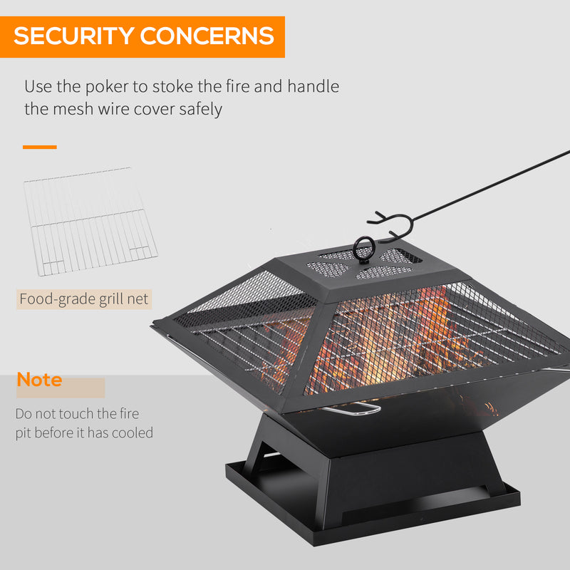 Outsunny - 17.7" Wood Burning Portable Fire Pit, Outdoor Firepit with Cooking BBQ Grill, Spark Screen, Poker for Backyard, Black
