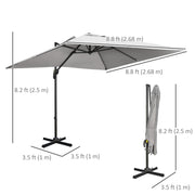 9ft Cantilever Patio Umbrella, Square Overhanging Umbrella with Cross Base, Crank Handle, Tilt Light Grey