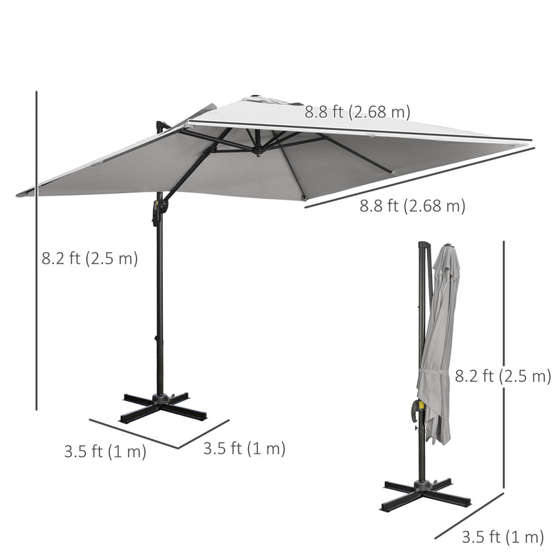 9ft Cantilever Patio Umbrella, Square Overhanging Umbrella with Cross Base, Crank Handle, Tilt Light Grey