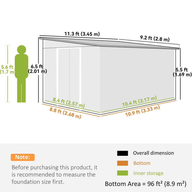 11' x 9' Steel Garden Storage Shed, Outdoor Metal Tool House with Double Sliding Doors & 2 Air Vents, Green