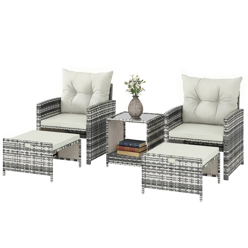 Outsunny - 5 Piece Patio Furniture Set, Wicker Patio Chairs with Ottomans, 2-Tier Glass Coffee Table and Cushions, Grey/Cream White