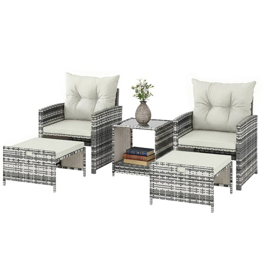 Outsunny - 5 Piece Patio Furniture Set, Wicker Patio Chairs with Ottomans, 2-Tier Glass Coffee Table and Cushions, Grey/Cream White