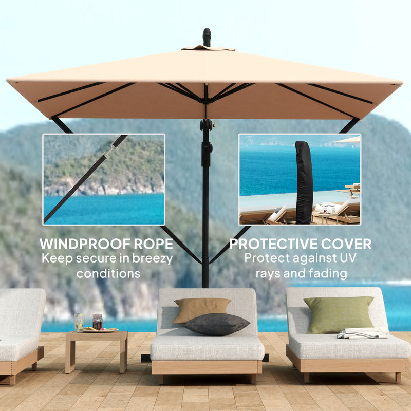 Outsunny - Patio Offset Umbrella UPF 50+ UV Protection, Crank Parasol with Base, Cover & Wind Securing, Khaki — 84D-419V00KK