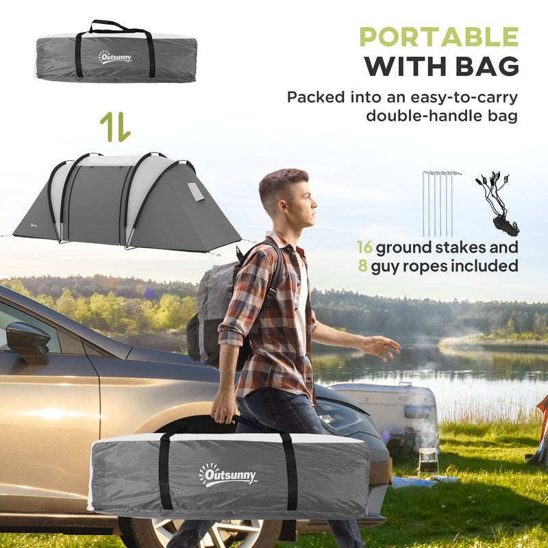 Outsunny - Camping Tent with 2 Bedrooms and Living Area, 3000mm Waterproof Family Tent, for Fishing Hiking Festival, Grey