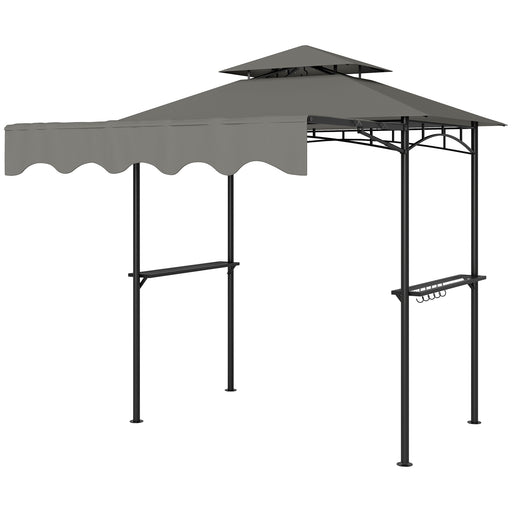 Outsunny - 8' x 7.6' Grill Gazebo, Double Tiered Barbecue Grill Gazebo Shelter w/ Side Awning, 2 Side Shelves, 6 Hooks, Light Grey