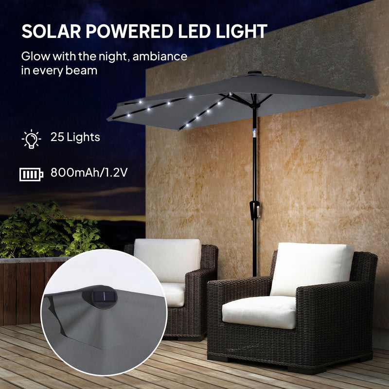 Half Outdoor Patio Umbrella with Solar LED Lights Half Umbrella with Crank 9ft Dark Grey