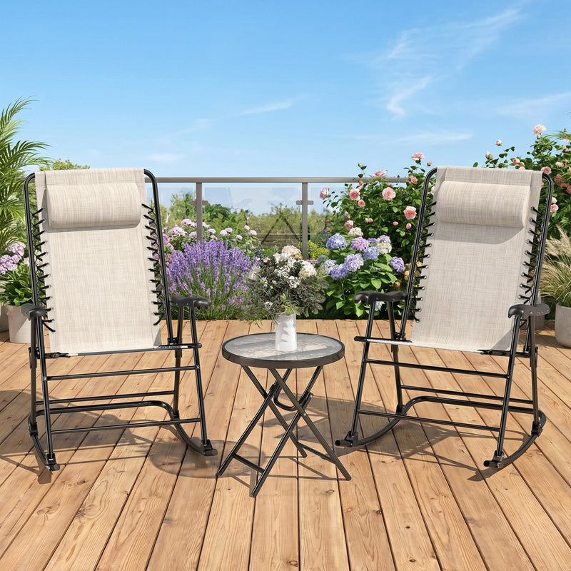 Outsunny - 3pc Patio Rocking Chair Set, Folding Outdoor Rocking Chairs and Table Bistro Set w/ Breathable Mesh Seat & Backrest, Headrest for Park, Backyard, Garden, Cream White