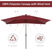 6.5x10ft Patio Umbrella Rectangle Solar Powered Tilt Aluminum Outdoor Market Parasol with LEDs Crank (Wine Red)