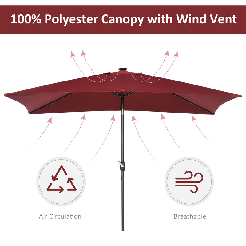 6.5x10ft Patio Umbrella Rectangle Solar Powered Tilt Aluminum Outdoor Market Parasol with LEDs Crank (Wine Red)