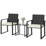 Outsunny - Outdoor Bistro Set, 3 Piece Wicker Patio Furniture with Mesh Seat, Glass Table, Cushions for Porch, Balcony, Cream White