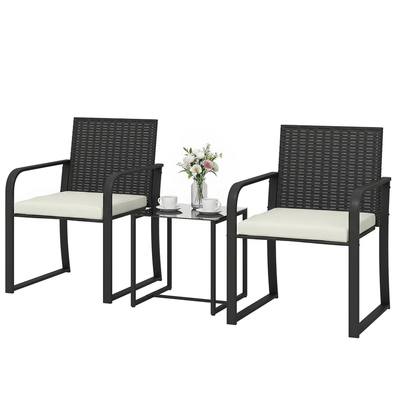 Outsunny - Outdoor Bistro Set, 3 Piece Wicker Patio Furniture with Mesh Seat, Glass Table, Cushions for Porch, Balcony, Cream White