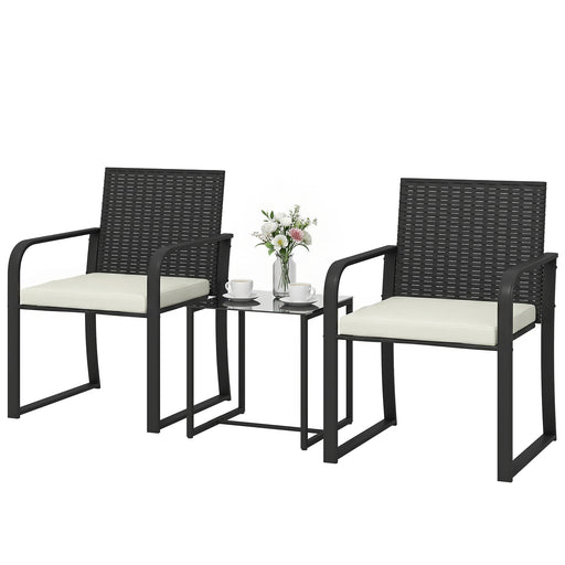 Outsunny - Outdoor Bistro Set, 3 Piece Wicker Patio Furniture with Mesh Seat, Glass Table, Cushions for Porch, Balcony, Cream White
