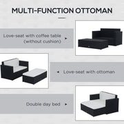 Outsunny - 2 Pieces Wicker Patio Furniture Set with Double Ottoman, Outdoor PE Rattan Conversation Set with Loveseat and Two Seat Ottoman, Cream White
