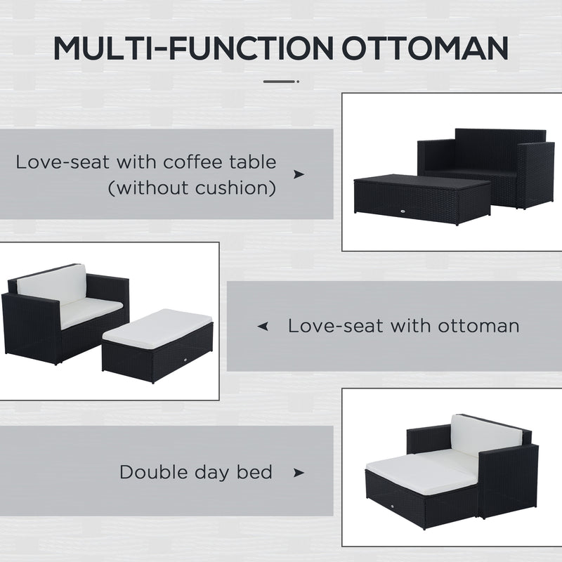 Outsunny - 2 Pieces Wicker Patio Furniture Set with Double Ottoman, Outdoor PE Rattan Conversation Set with Loveseat and Two Seat Ottoman, Cream White